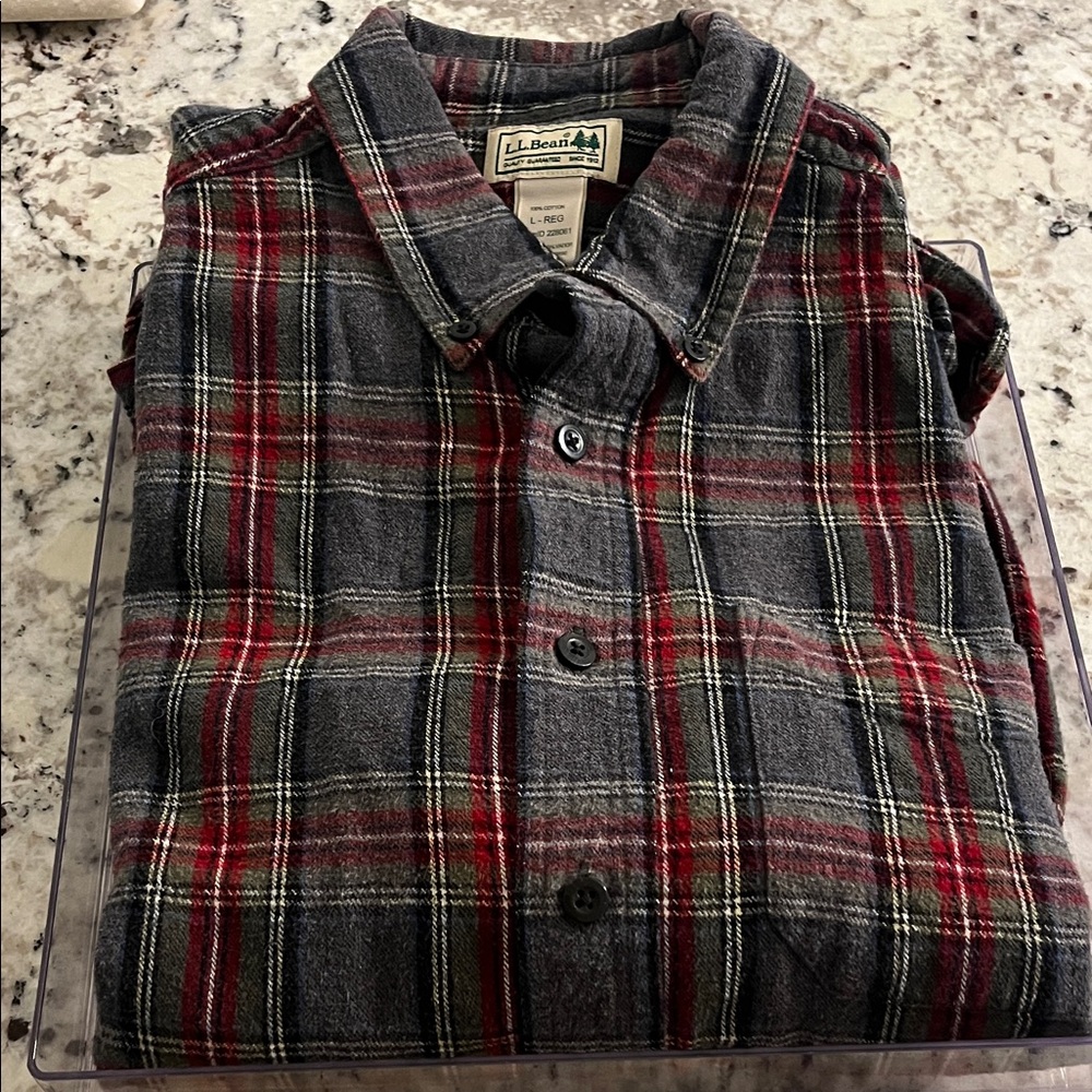 L.L. Bean Men's Cotton Flannel Charcoal and Crimson Plaid Shirt